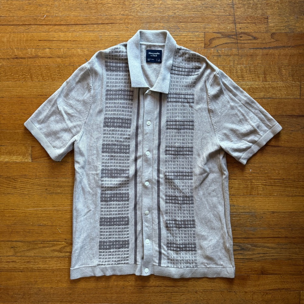 Abercrombie Fitch Mens Knit Polo Shirt Beige Gray Pattern Short‎ Sleeve Size L
